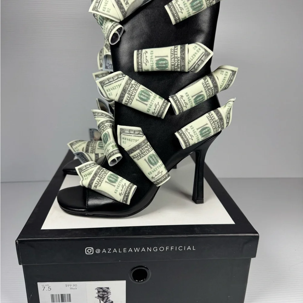 Azalea Wang Dinero Black Money Heels Multi Sizes Dollar Bill Statement Boot NWT - Picture 2 of 8